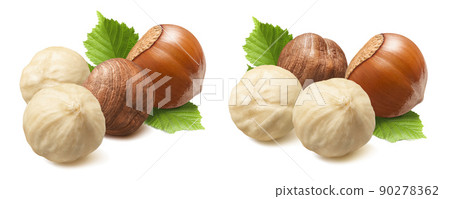 Double hazelnut set isolated on white background. Whole and peeled nuts with leaves. 90278362