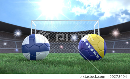 Two soccer balls in flags colors on stadium blurred background. Finland and Bosnia. 3d image 90278494