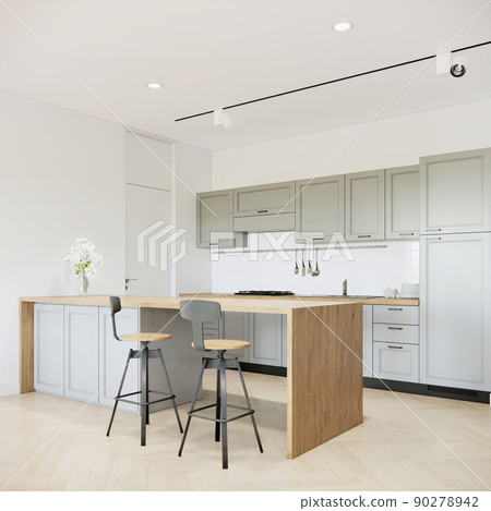 3d rendering mock up kitchen room interior design and decoration with light green counter and cabinets, wooden island counter and stool lounge chairs. 3d rendering modern kitchen interior. 90278942