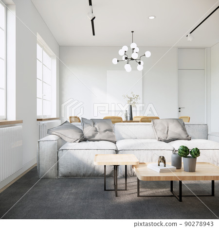 Modern Japandi style living room interior design, white apartment ideas, sunlight from window. 3d rendering 90278943