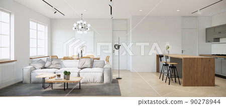 3d rendering mock up studio apartment room. modern japandi interior design and decoration with sofa wooden coffee table grey carpet wood island and kitchen counter with dining table and chairs. 90278944