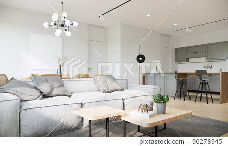 Mock up studio modern apartment room interior design and decoration with sofa wooden coffee table grey carpet wood island and kitchen counter with dining table and chairs. 3d rendering showroom. 90278945