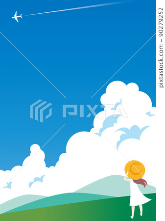 藍天的風景，積雨雲，一架飛機，一個穿著白色連衣裙的女孩看著山 90279252