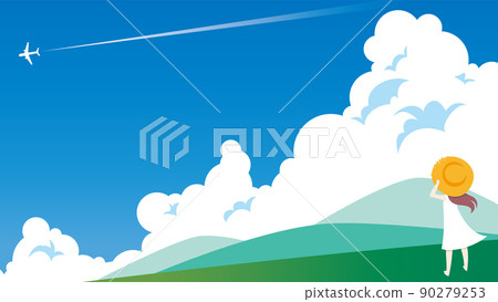 A blue sky with cumulonimbus clouds, an airplane, and a girl in a white dress looking at the mountains (16: 9) 90279253