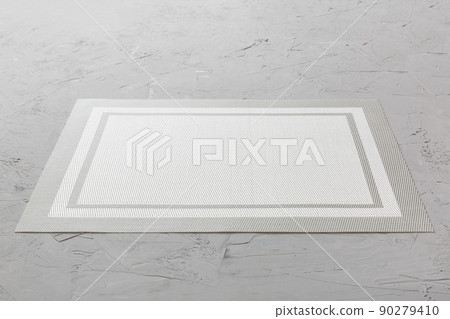 Perspective view of grey tablecloth for food on cement background. Empty space for your design 90279410