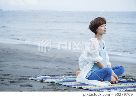 Sea picnic women outdoor sandy beach trip Sea picnic women outdoor sandy beach trip 90279709