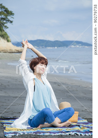 Sea picnic women outdoor sandy beach trip Sea picnic women outdoor sandy beach trip 90279738