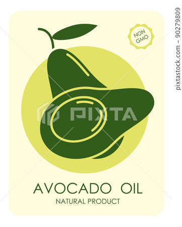 Sticker on bottle or packaging for storing avocado oil. Advertising poster with avocado fruit silhouette. Simple flat vector Sticker on bottle or packaging for storing avocado oil. Advertising poster with avocado fruit silhouette. Simple flat vector 90279809