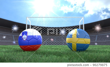 Two soccer balls in flags colors on stadium blurred background. Slovenia and Sweden. 3d image 90279875