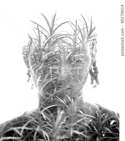 Artistic monochromatic double exposure portrait Artistic monochromatic double exposure portrait 90279914