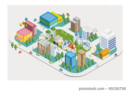Fun cityscape and living scenery. Building and town planning where people can live brightly. 3D isometric Fun cityscape and living scenery. Building and town planning where people can live brightly. 3D isometric 90280798