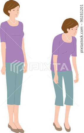 Senior women who have shortened their height due to osteoporosis and healthy senior women 90281201