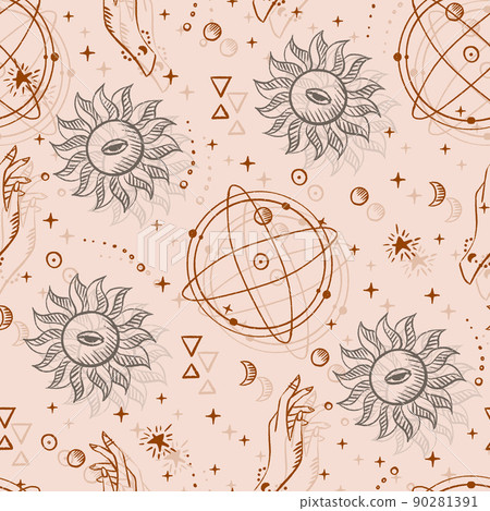 Magical seamless pattern with the sun, stars, moon. Alchemical cosmos. Celestial pattern. Vector hand-drawn background. Magical seamless pattern with the sun, stars, moon. Alchemical cosmos. Celestial pattern. Vector hand-drawn background. 90281391