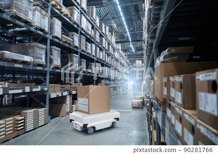 Mobile robot transporting a box in a warehouse 90281766
