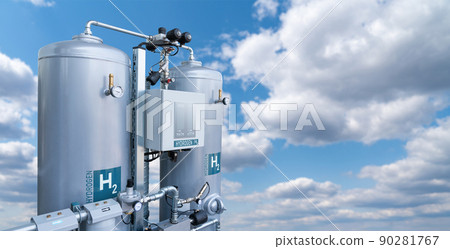 Tanks with hydrogen against the blue sky. 90281767