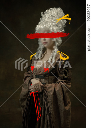 Creative artwork. Woman in image of medieval viscountess with red stroke of watercolor paint and drawings over dark background. Contemporary art, eras comparison concept Creative artwork. Woman in image of medieval viscountess with red stroke of watercolor paint and drawings over dark background. Contemporary art, eras comparison concept 90282057