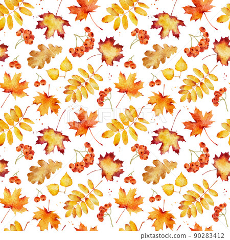 Watercolor seamless pattern with autumn leaves isolated on white background. 90283412