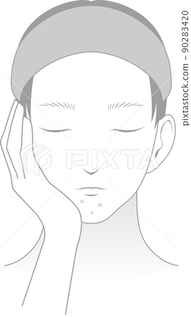 A man with a hair band and skin care, acne on the chin A man with a hair band and skin care, acne on the chin 90283420