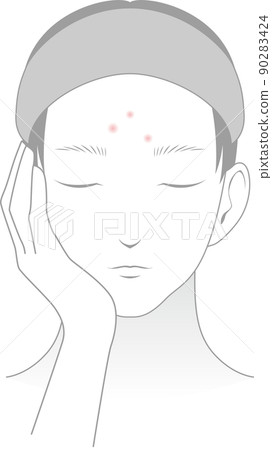 額頭長痘痘,戴髮帶做皮膚護理的男人 額頭長痘痘,戴髮帶做皮膚護理的男人 90283424