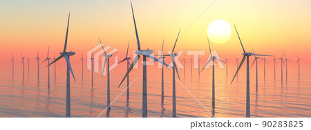Offshore wind turbines at sunset - Stock Illustration [90283825] - PIXTA