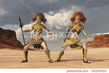Two female Amazon fighters in a landscape 90283926