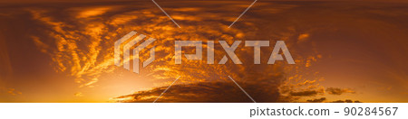Dramatic sunset sky panorama with Cirrus clouds. Seamless hdr 360 pano in spherical equirectangular format. Complete zenith for 3D visualization, game and sky replacement for aerial drone panoramas 90284567