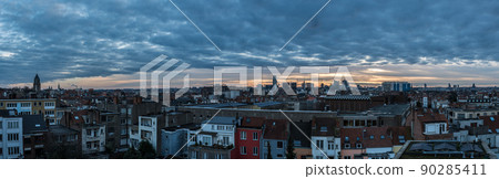 Jette, Brussels Capital Region - Belgium -  Extra large panoramic view over the skyline of North, West and Central Brussels during sunrise 90285411