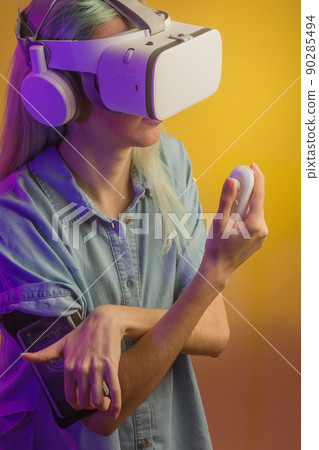 Metaverse virtual reality. woman and technology. futuristic cyberpunk feminism concept. hispanic Metaverse virtual reality. woman and technology. futuristic cyberpunk feminism concept. hispanic 90285494