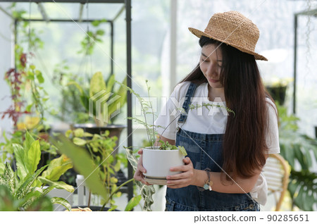 Young woman caring for trees, planting and caring equipment, plants in greenhouses, small businesses. Young woman caring for trees, planting and caring equipment, plants in greenhouses, small businesses. 90285651