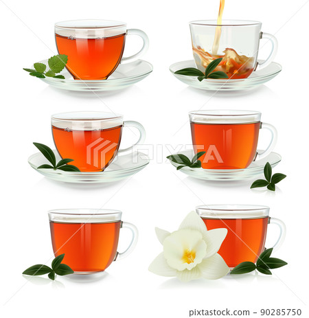 Set of Cups Tea with green leaves on white background, realistic vector illustration 90285750