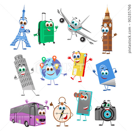 Set of Funny Travel Objects. Cartoon funny characters, flat design vector illustration 90285766