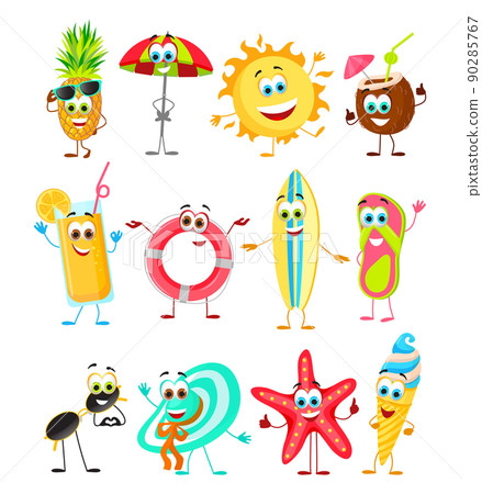 Set of Funny Summer Fruits and Summer Things, flat vector illustration Set of Funny Summer Fruits and Summer Things, flat vector illustration 90285767