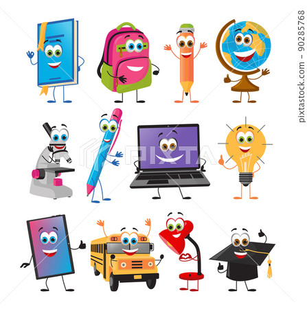 Set of Funny School and Office Supplies with eyes, flat design vector illustration 90285768