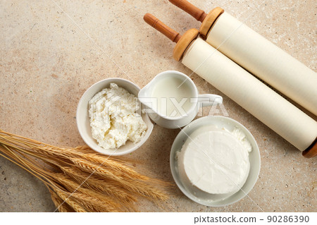 Kosher dairy product for celebration Jewish Holiday Shavuot. Shavuot flat lay. 90286390