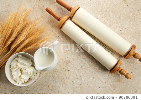 Kosher dairy product for celebration Jewish Holiday Shavuot. Shavuot flat lay. 90286391