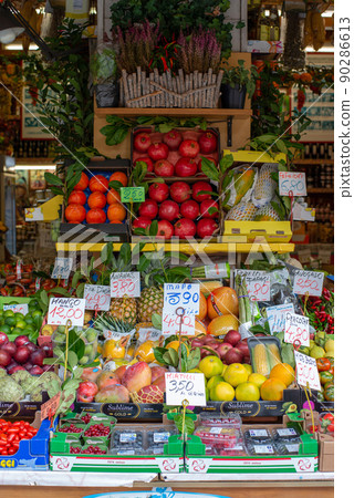Street market with tropical fruits and berries for sale 90286613