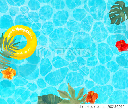 Summer fashionable frame background material with yellow floats, palm leaves and hibiscus floating in the beautiful sea seen from above 90286911