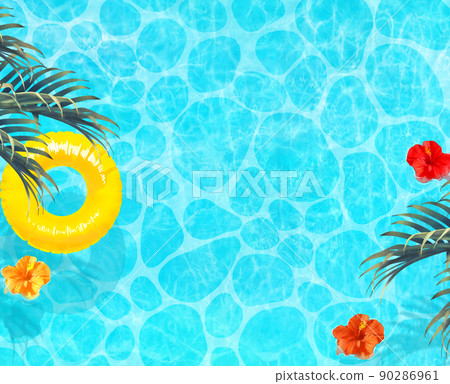 Summer fashionable frame background material with yellow floats, palm leaves and hibiscus floating in the beautiful sea seen from above 90286961