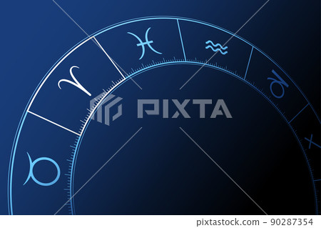 Sign of Aries on the wheel of the zodiac on blue background. First astrological sign in the zodiac. Cardinal sign of the fire trigon. Three dimensional astrological chart used in horoscopic astrology. Sign of Aries on the wheel of the zodiac on blue background. First astrological sign in the zodiac. Cardinal sign of the fire trigon. Three dimensional astrological chart used in horoscopic astrology. 90287354