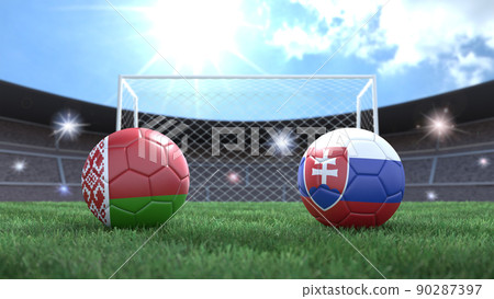 Two soccer balls in flags colors on stadium blurred background. Belarus and Slovakia. 3d image Two soccer balls in flags colors on stadium blurred background. Belarus and Slovakia. 3d image 90287397