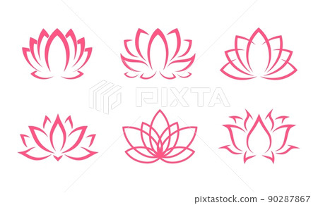 Pink lotus icons, flowers or yoga floral symbol in line silhouette, vector blossoms. Outline pink lotus petals for tattoo, asian spa or ornament decoration, religion, ayurveda relax and zen meditation 90287867