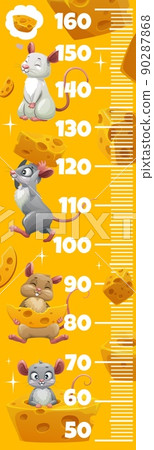 Kids height chart with cute cartoon mouses, rats and cheese. Vector growth meter with funny mice characters. Wall sticker for children height measurement with scale and rodent personages 90287868
