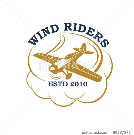 Wind riders symbol, flying plane in clouds or propeller airplane, vector icon. Aviation pilots or air aviators academy emblem with vintage retro airplane for flight team or t-shirt print 90287871
