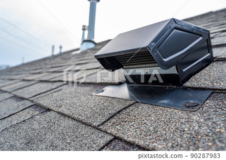 Static vent installed on a shingle roof for passive attic ventilation 90287983