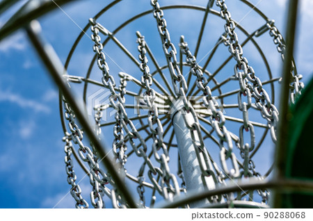 Different angles of view of a disc golf basket and chains Different angles of view of a disc golf basket and chains 90288068