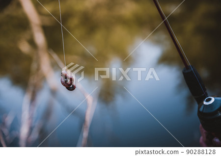 Hook baited with live worm hanging from fishing line 90288128