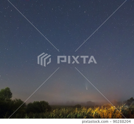 Comet Neowise C2020 F3 as it flies overhead in the summer sky over over meadow near countryside road, Lviv Region, Ukraine. 90288204