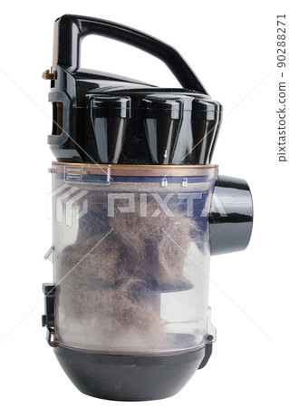 bagless cyclone vacuum cleaner contatiner filled with domestic cat hair, isolated 90288271