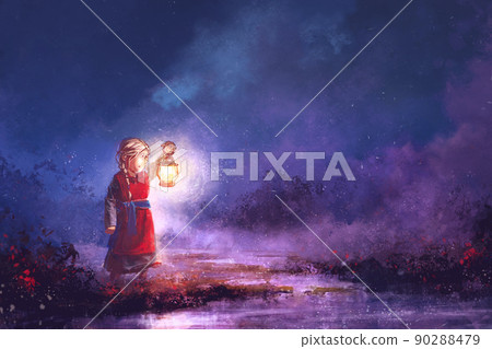 little girl with a lantern at night on the wetlands, painting little girl with a lantern at night on the wetlands, painting 90288479