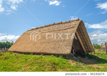 Celtic house with straw thatched roof at Celtic open air museum in Nasavrky, Czech republic Celtic house with straw thatched roof at Celtic open air museum in Nasavrky, Czech republic 90288874